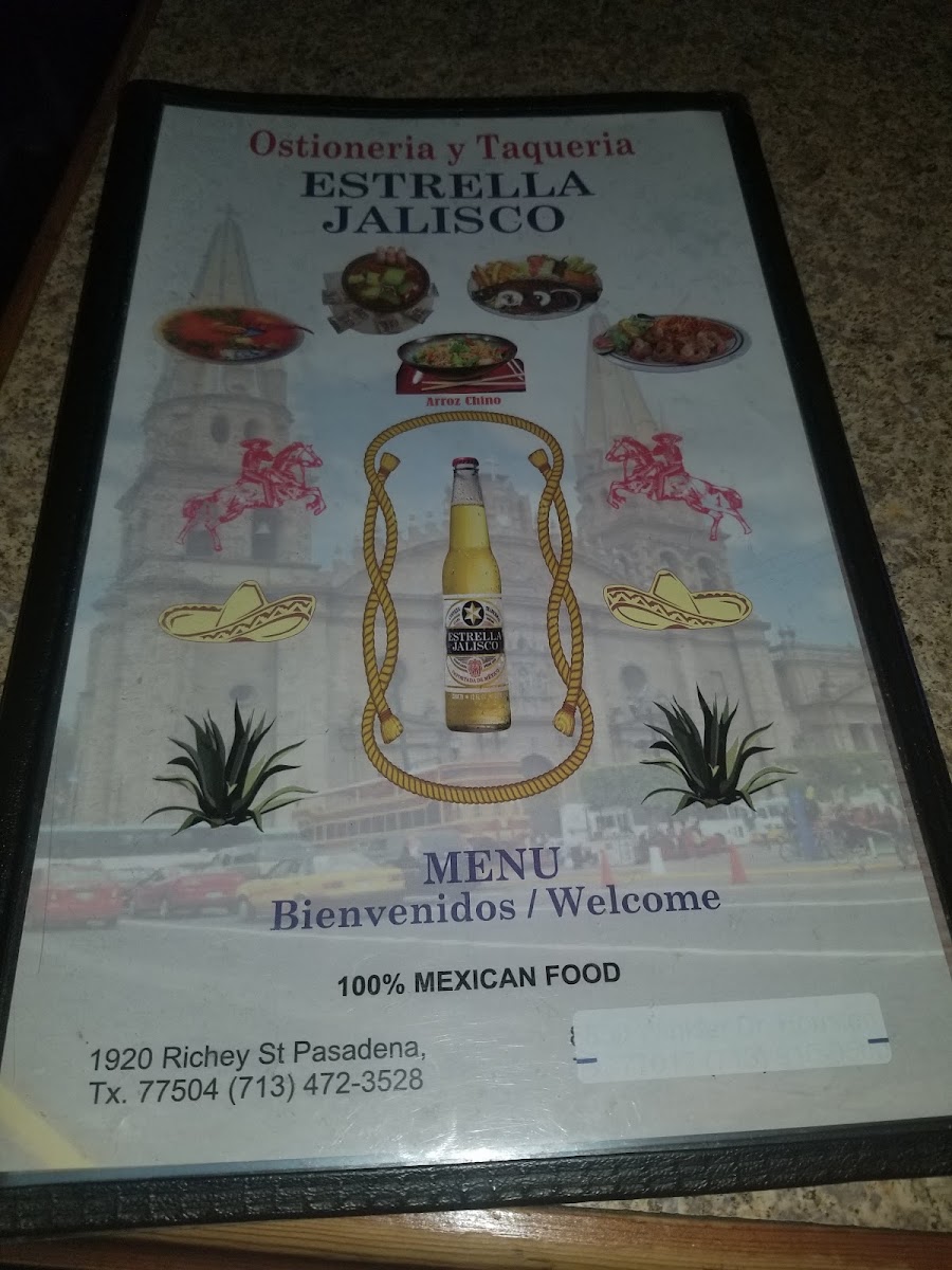 Ostioneria y Taqueria Estrella Jalisco menu board