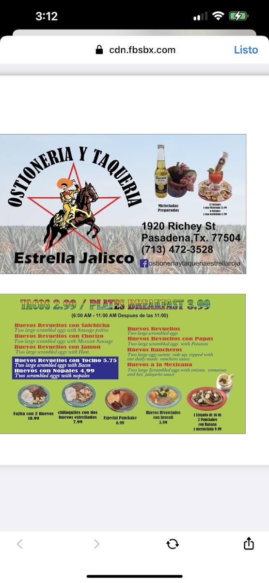 Ostioneria y Taqueria Estrella Jalisco menu board