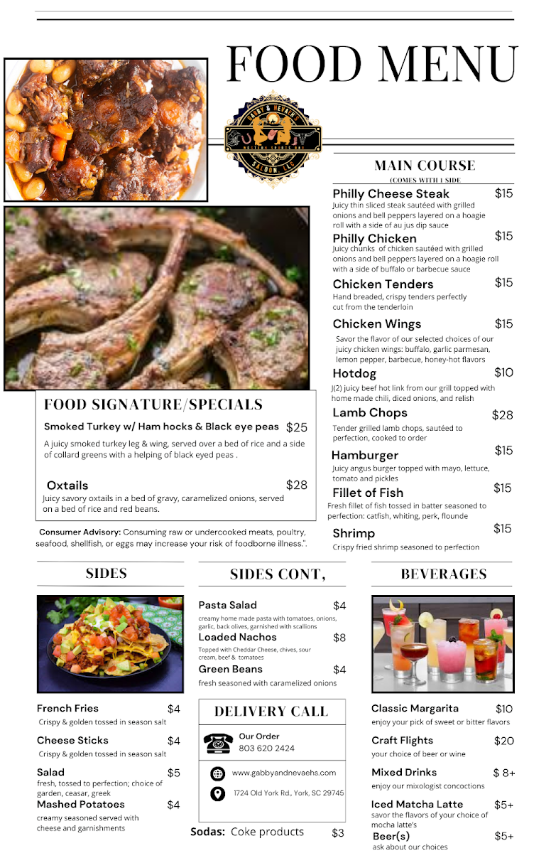 Gabby and Neveah’s Saloon, LLC menu board
