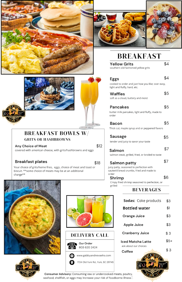Gabby and Neveah’s Saloon, LLC menu board