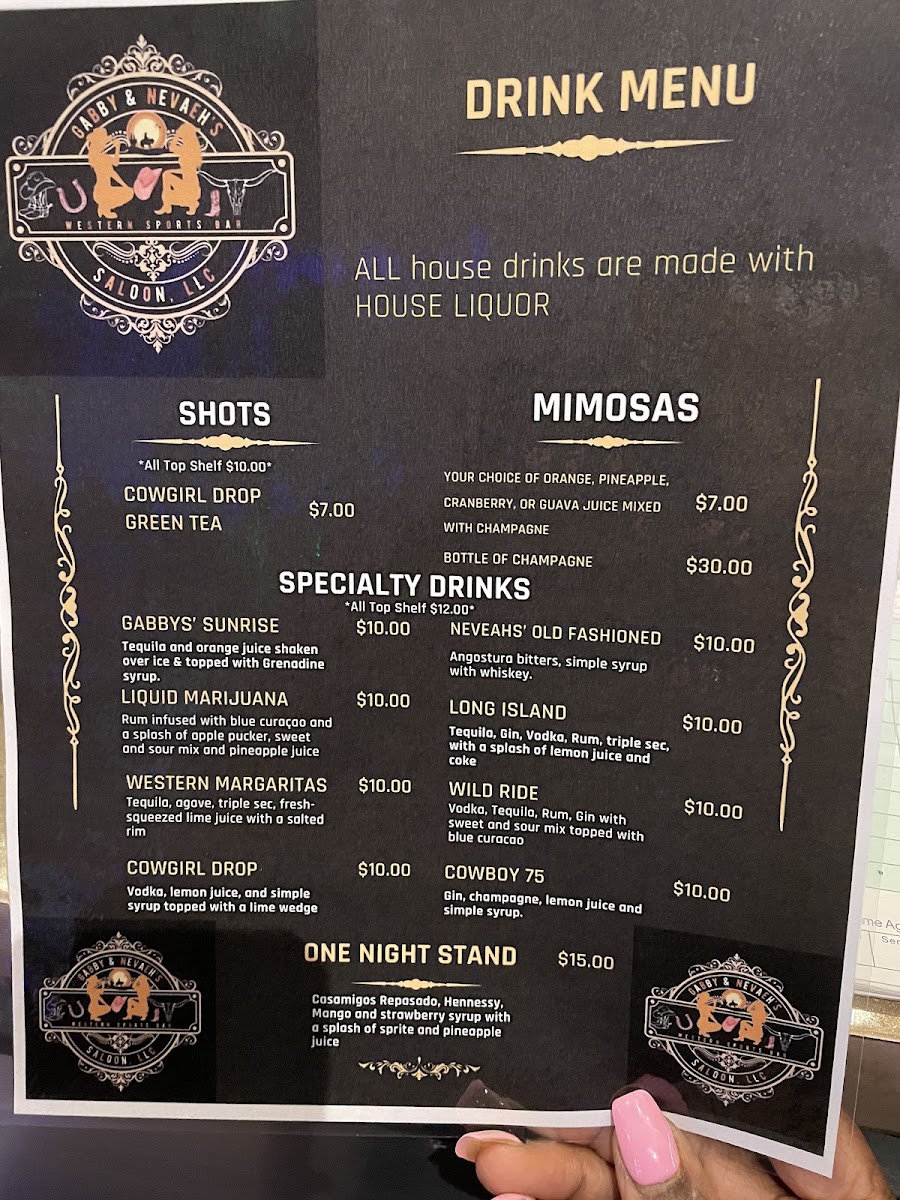 Gabby and Neveah’s Saloon, LLC menu board