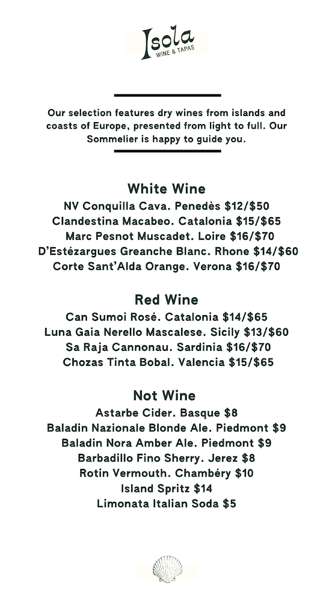 Isola Wine and Tapas menu board