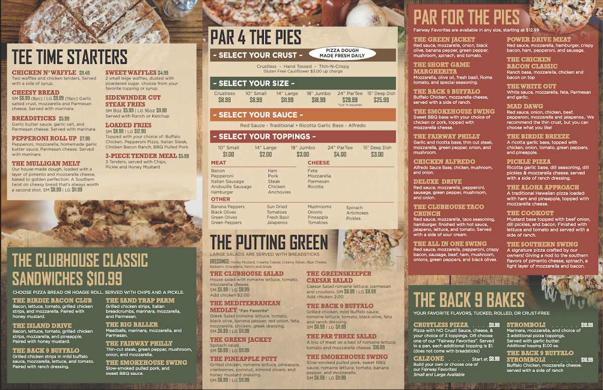 Mulligans Pizza Restaurant menu board