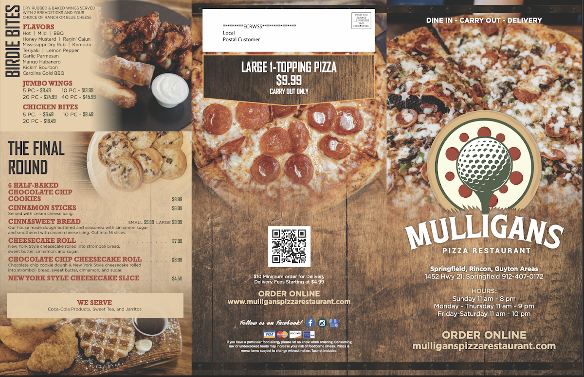Mulligans Pizza Restaurant menu board