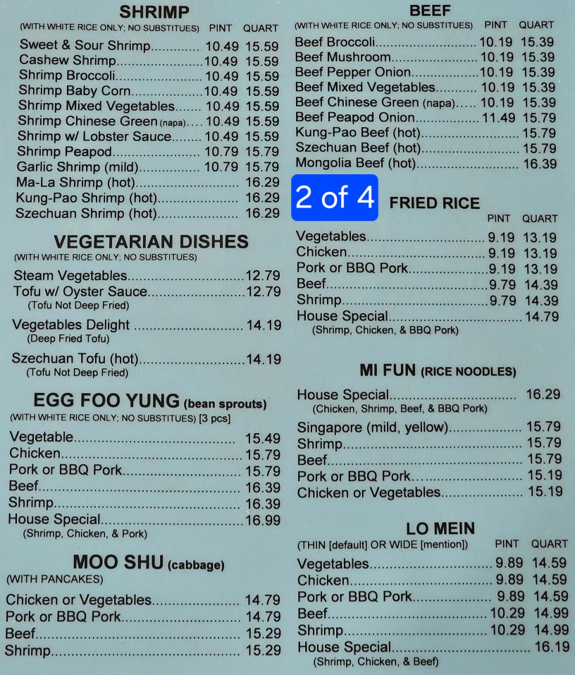 Won Ton Chinese Restaurant menu board
