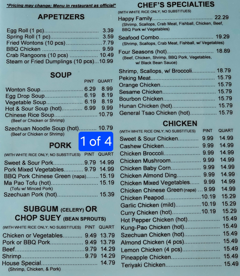 Won Ton Chinese Restaurant menu board