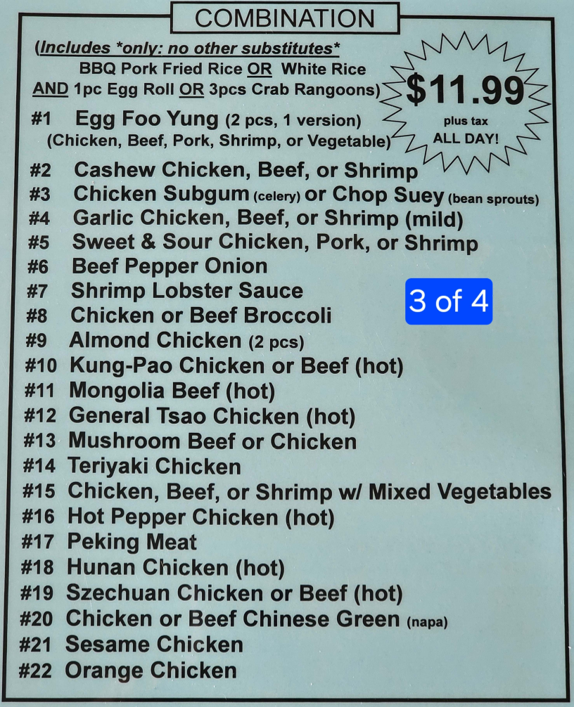 Won Ton Chinese Restaurant menu board