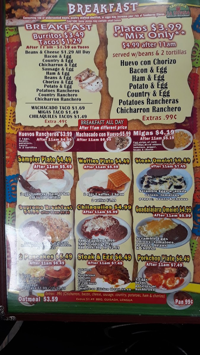 Taqueria La Tapatia menu board
