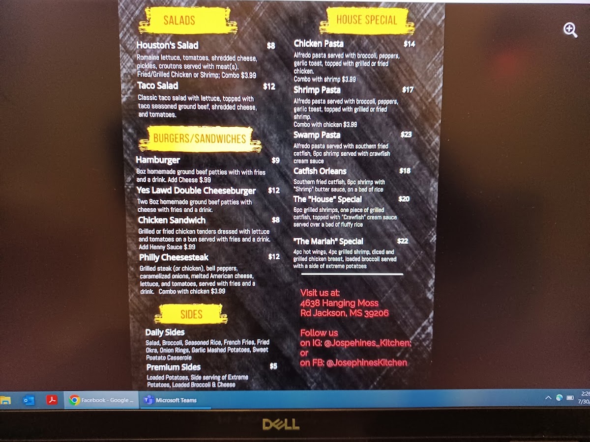 Josephine's Kitchen menu board