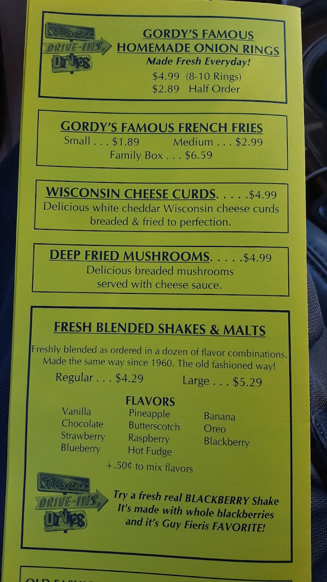 Gordy's Hi-Hat menu board