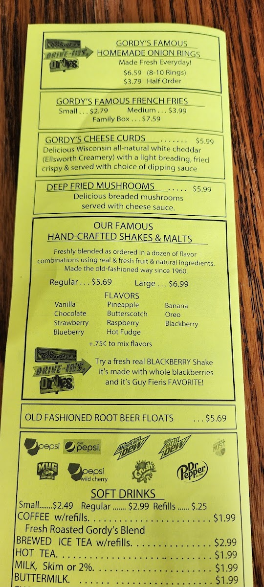 Gordy's Hi-Hat menu board