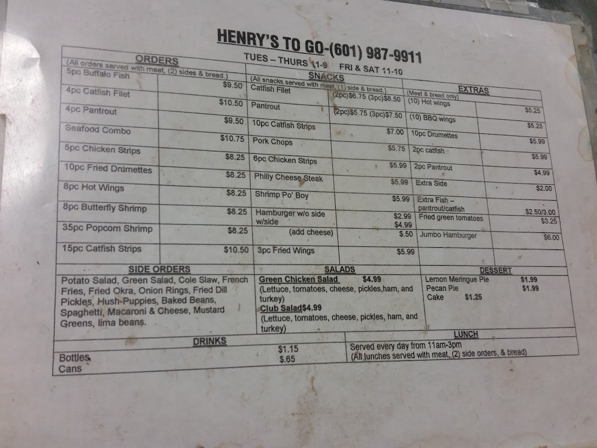 Henry's To GO menu board
