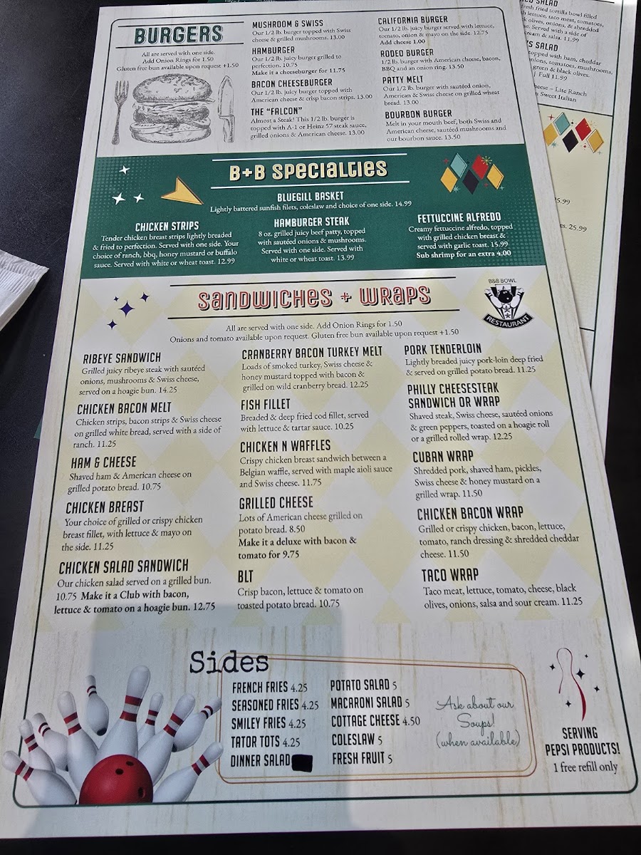 B&B Bowl Restaurant And Lounge menu board