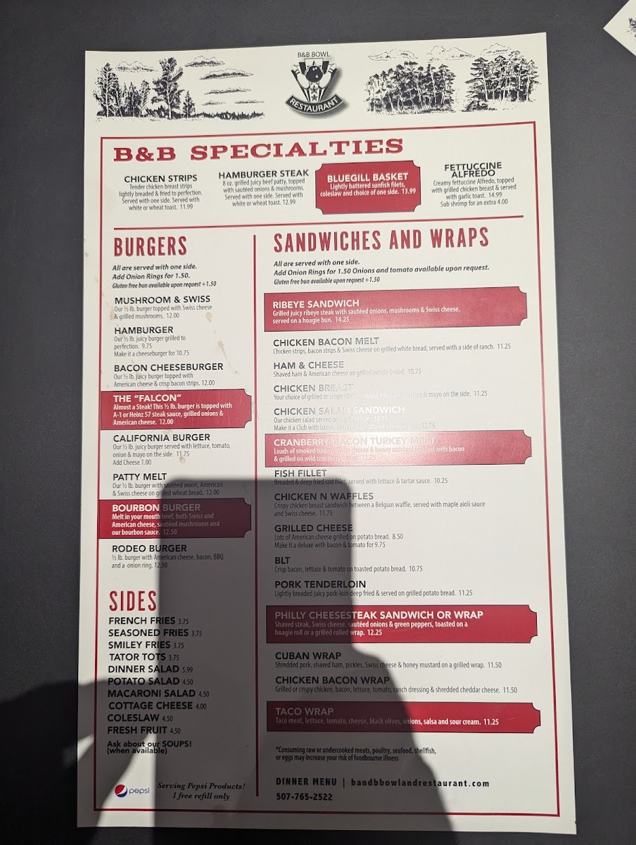 B&B Bowl Restaurant And Lounge menu board