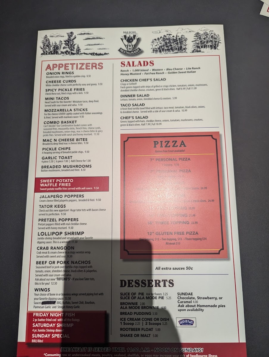 B&B Bowl Restaurant And Lounge menu board