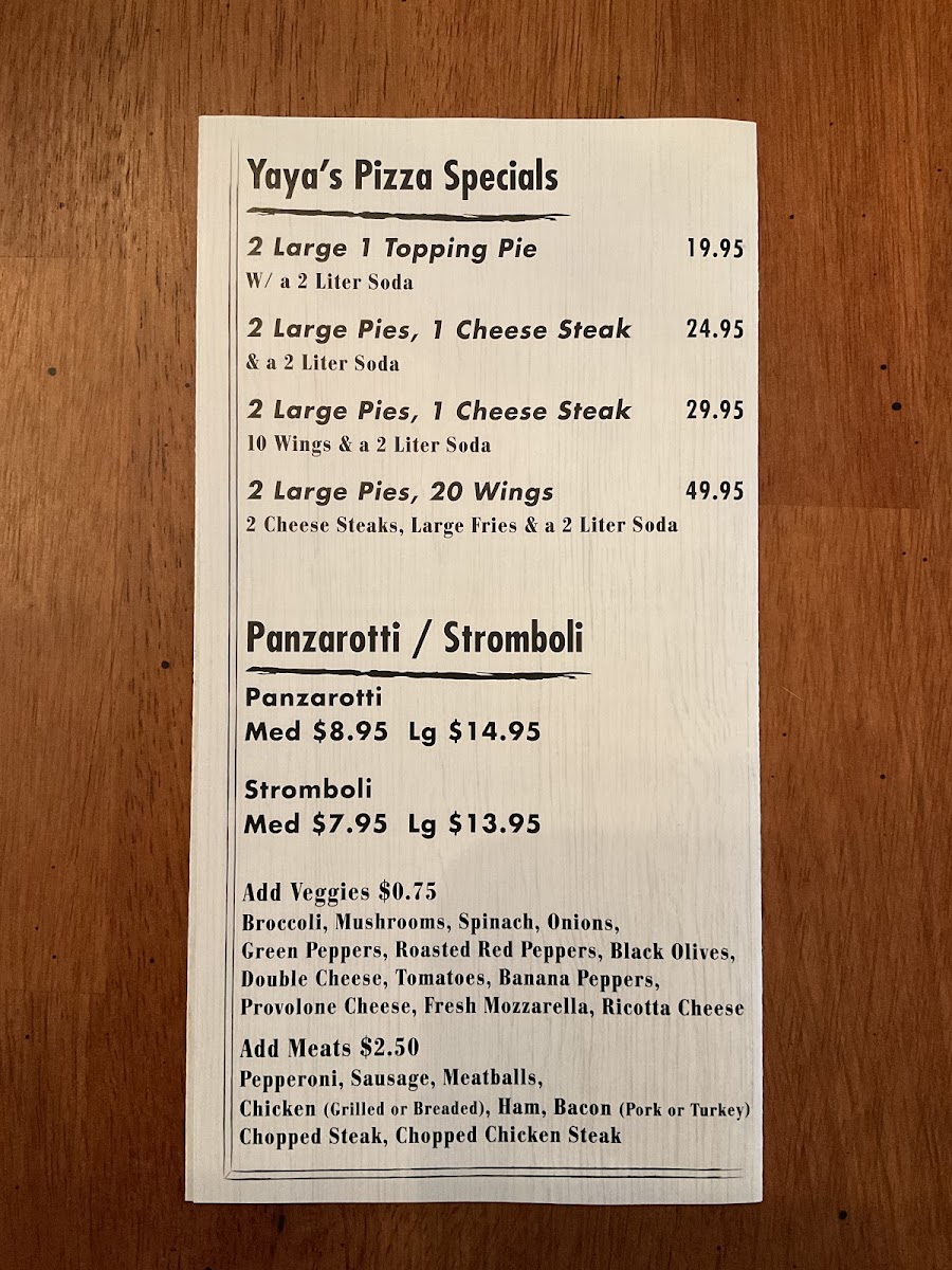 Yaya's Pizza menu board