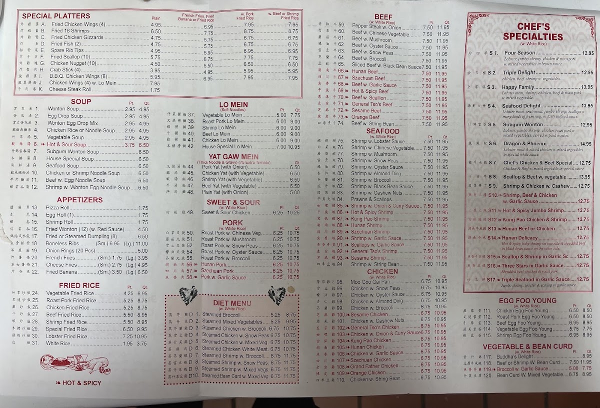 Fu Hing Restaurant & Seafood Shack menu board