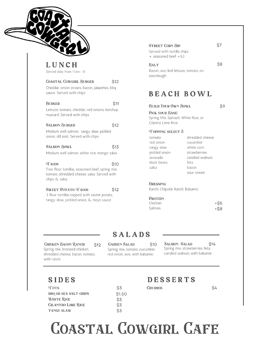 Coastal Cowgirl Cafe menu board
