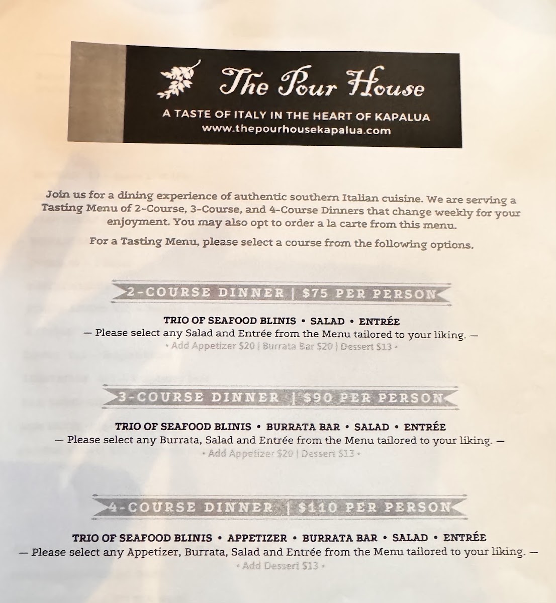 THE POUR HOUSE Italian Kitchen and Wine Bar menu board