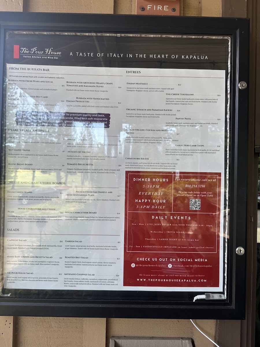 THE POUR HOUSE Italian Kitchen and Wine Bar menu board