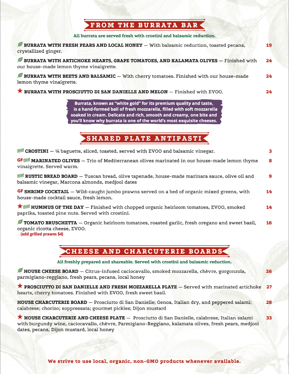 THE POUR HOUSE Italian Kitchen and Wine Bar menu board