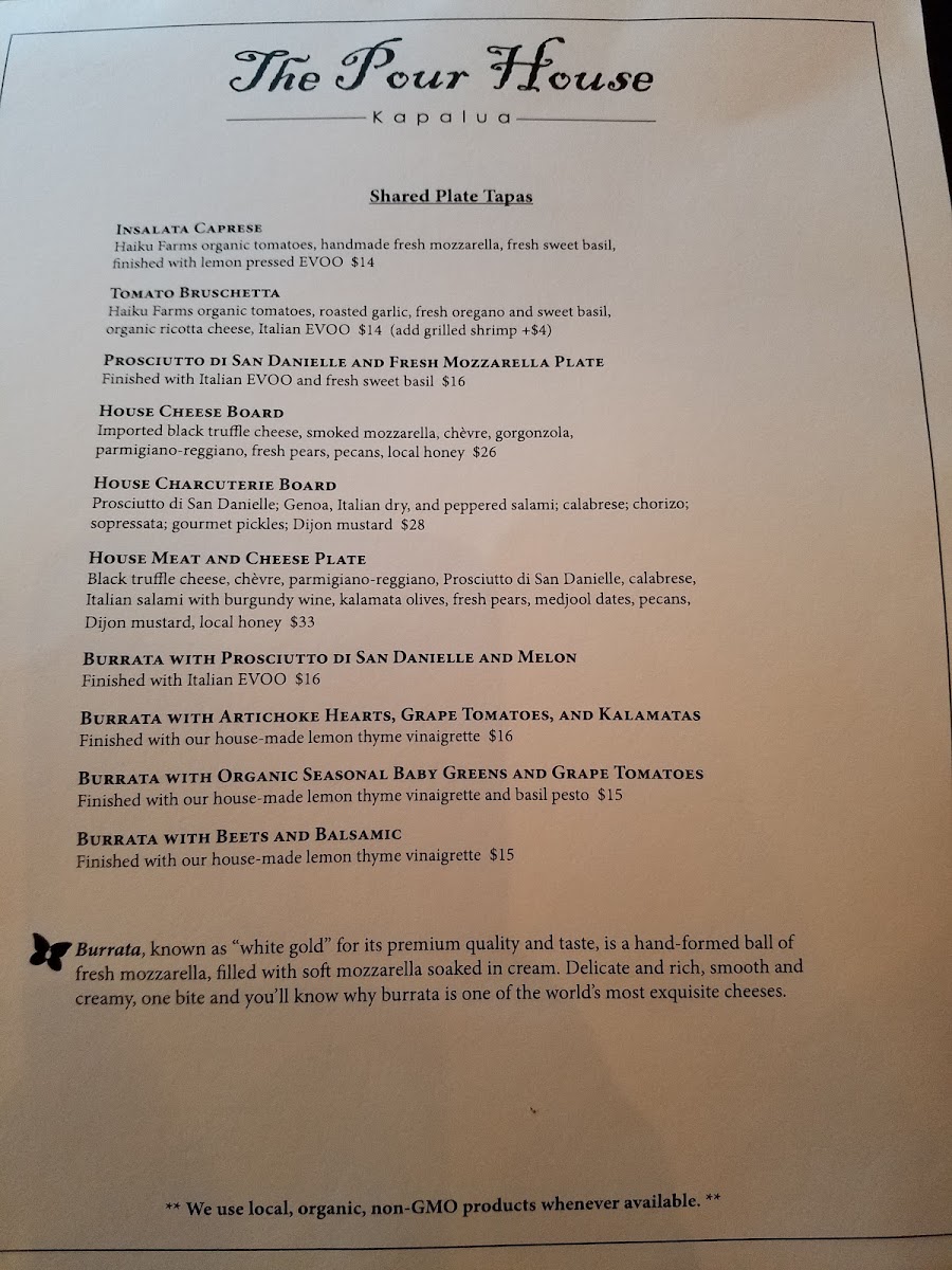 THE POUR HOUSE Italian Kitchen and Wine Bar menu board