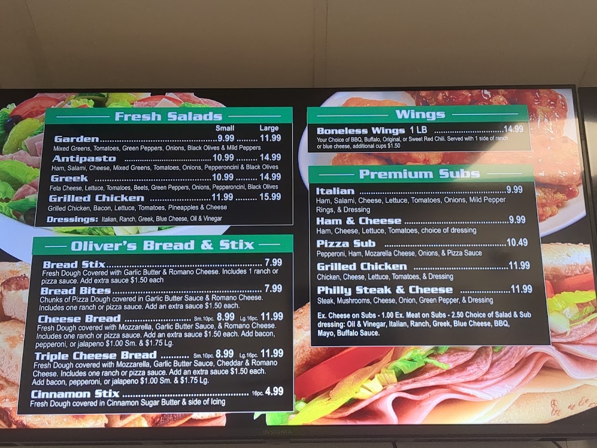 Oliver's Pizza menu board
