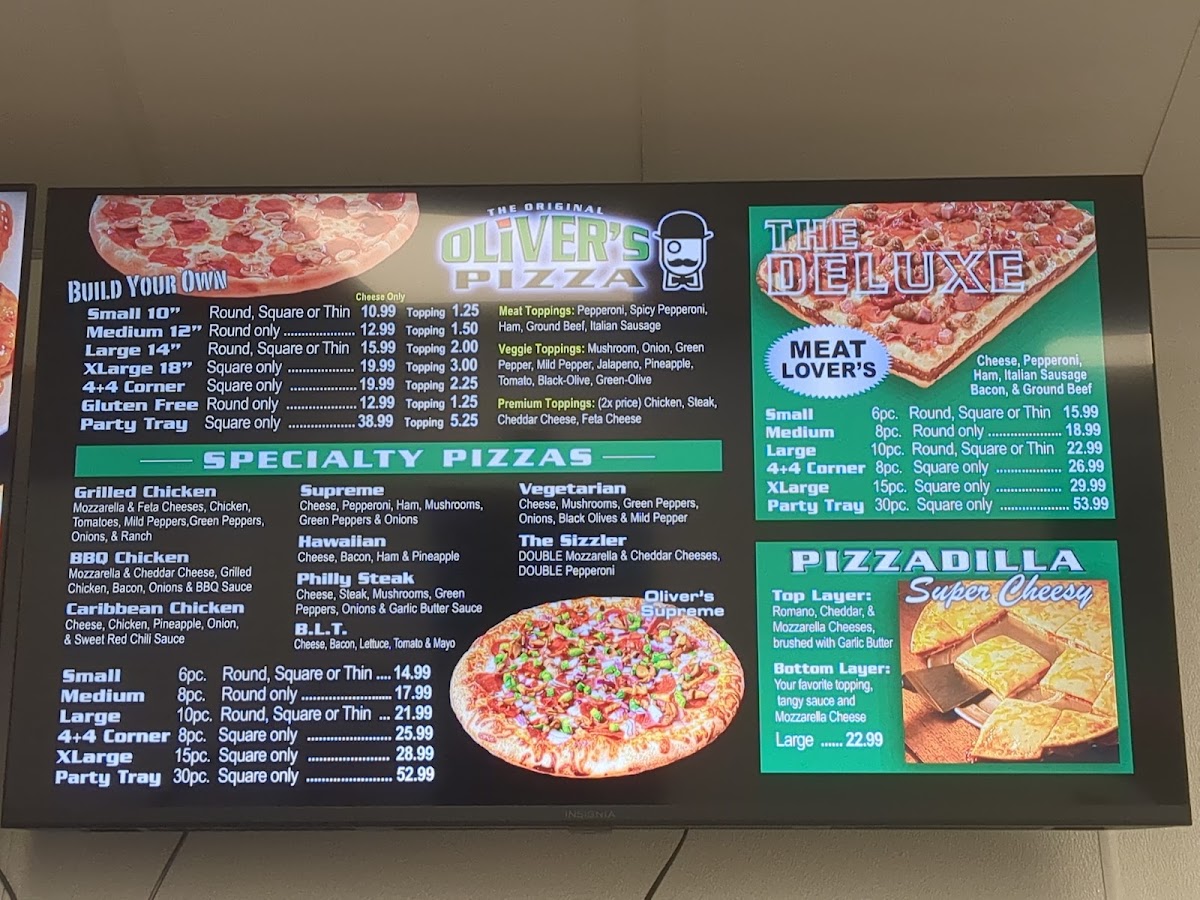 Oliver's Pizza menu board
