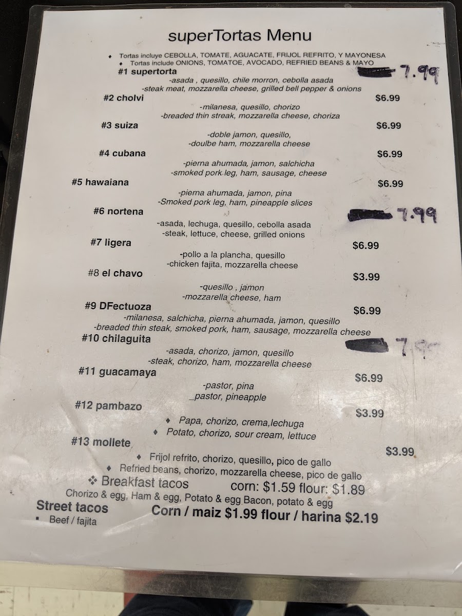 Super Tortas Y Refresqueria menu board