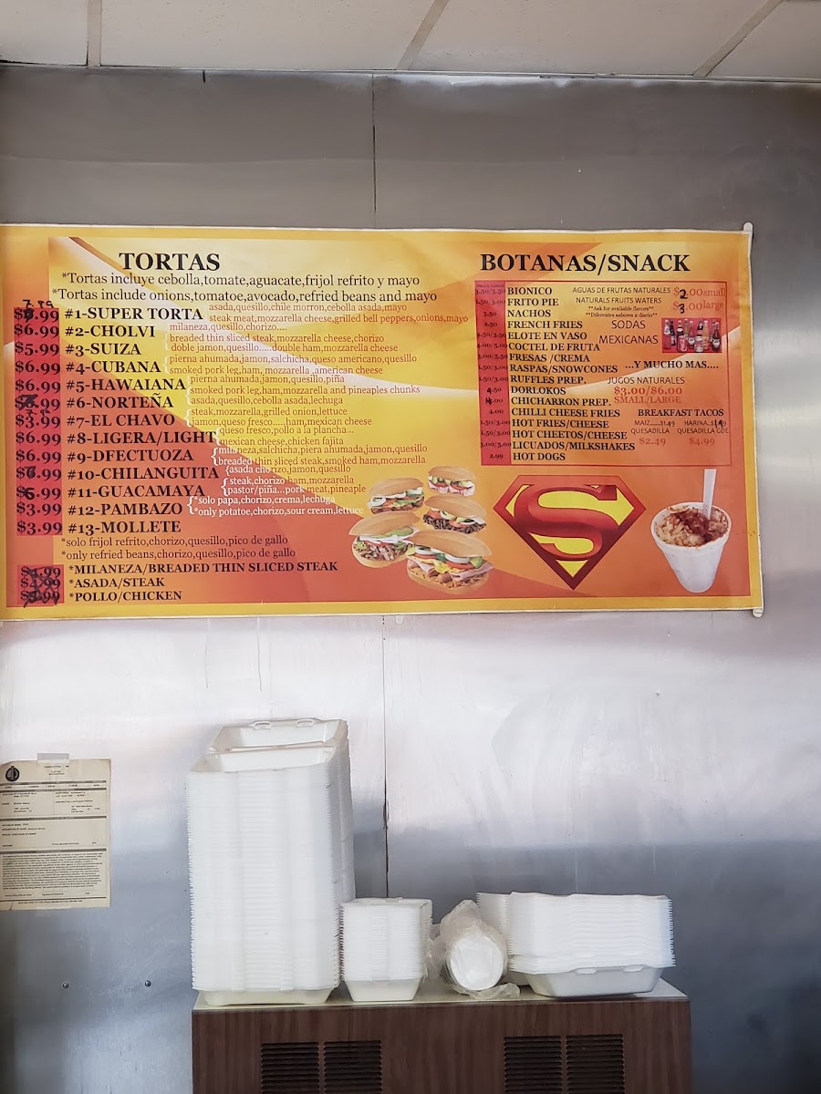Super Tortas Y Refresqueria menu board