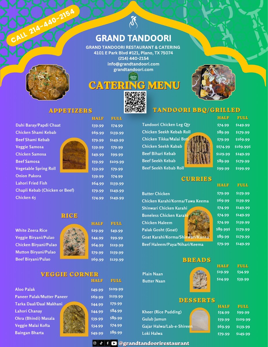 GRAND TANDOORI RESTAURANT & CATERING menu board