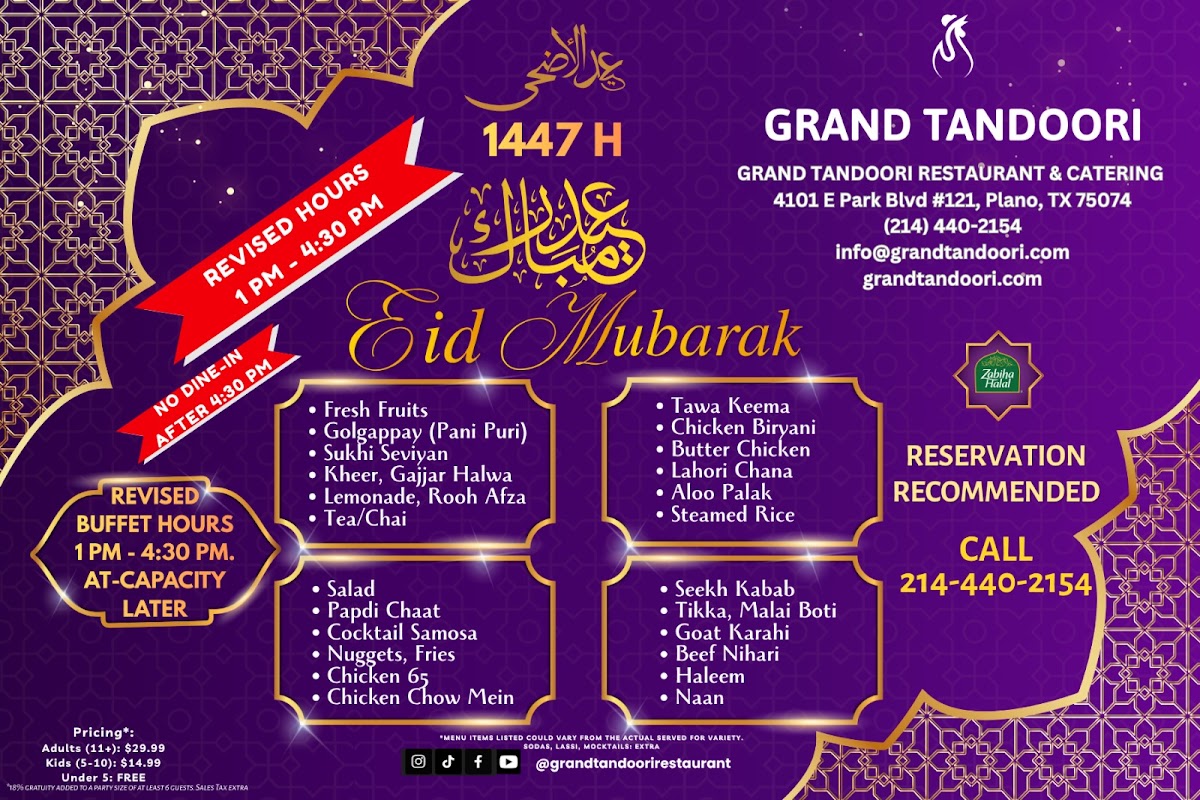 GRAND TANDOORI RESTAURANT & CATERING menu board
