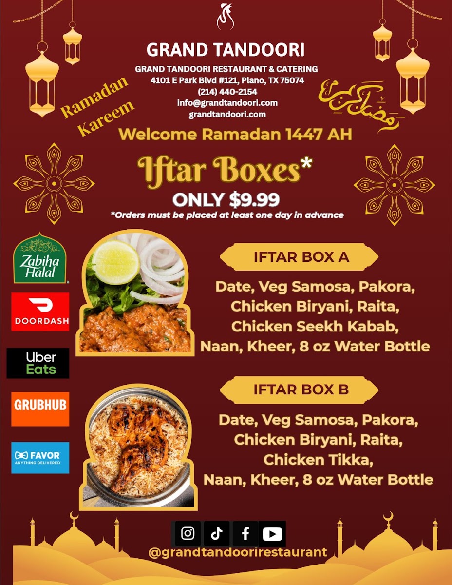 GRAND TANDOORI RESTAURANT & CATERING menu board
