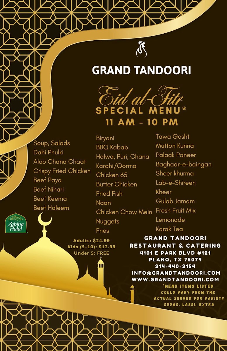 GRAND TANDOORI RESTAURANT & CATERING menu board