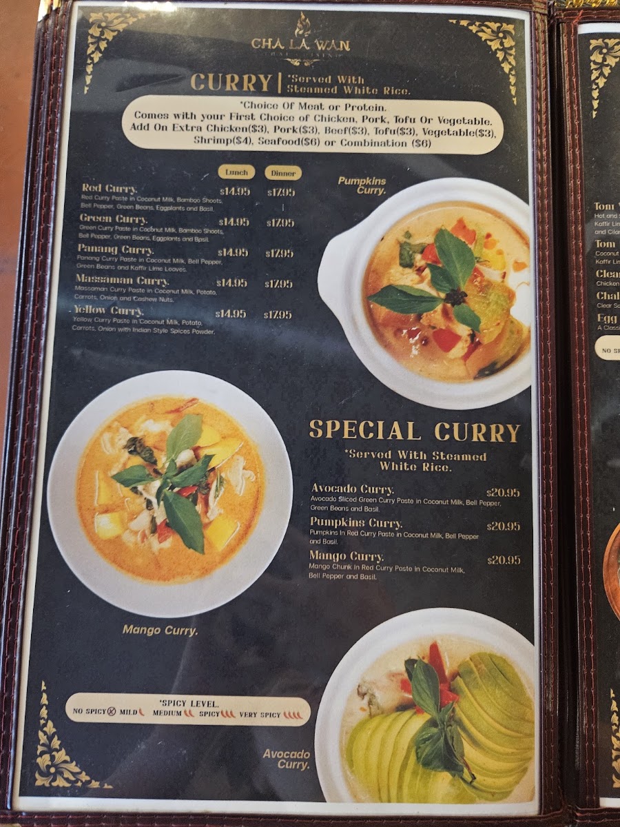 Cha La Wan Thai Cuisine menu board