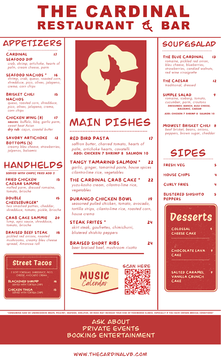 The Cardinal Restaurant and Bar menu board