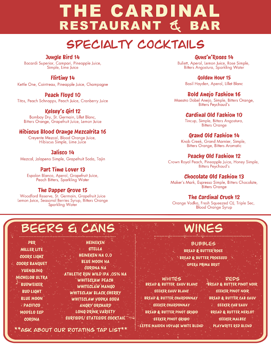 The Cardinal Restaurant and Bar menu board