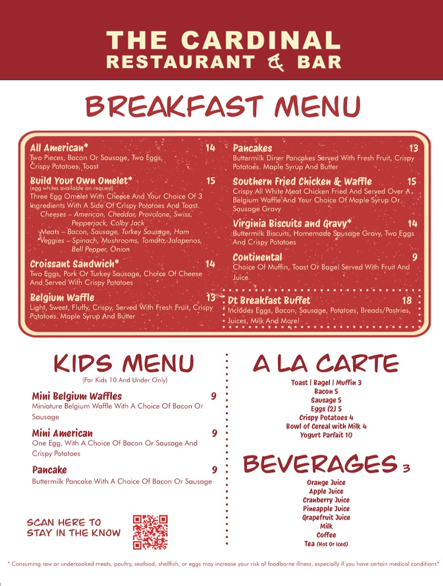 The Cardinal Restaurant and Bar menu board
