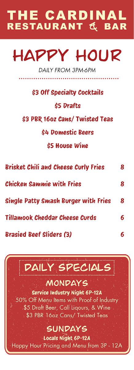 The Cardinal Restaurant and Bar menu board