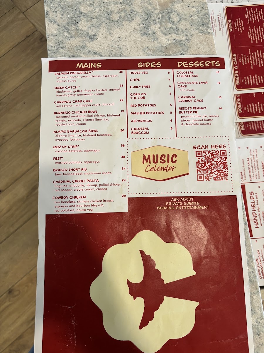 The Cardinal Restaurant and Bar menu board