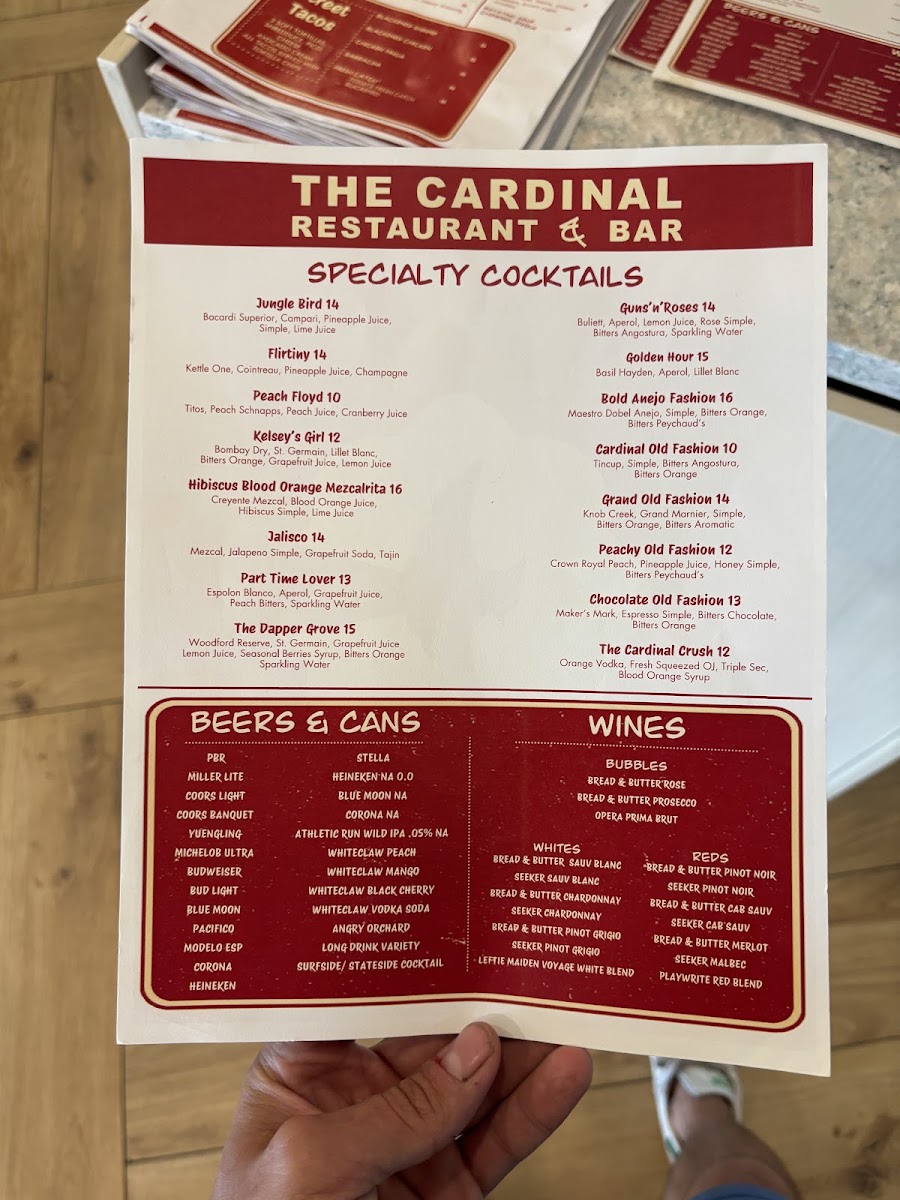 The Cardinal Restaurant and Bar menu board