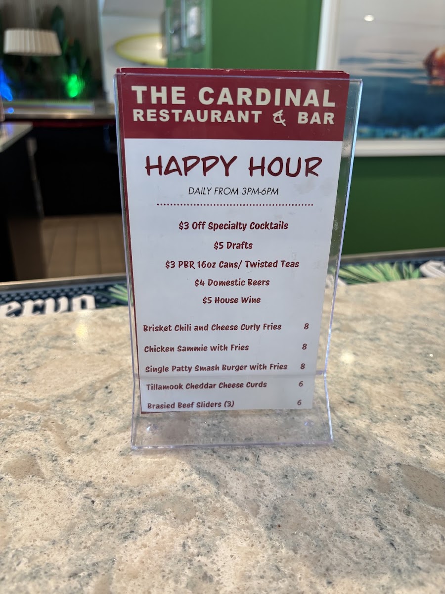 The Cardinal Restaurant and Bar menu board