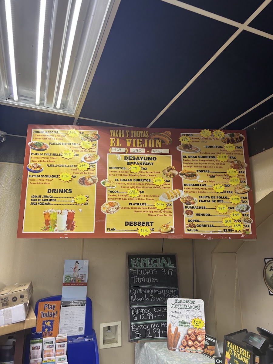 Tacos Y Tortas El Viejon menu board