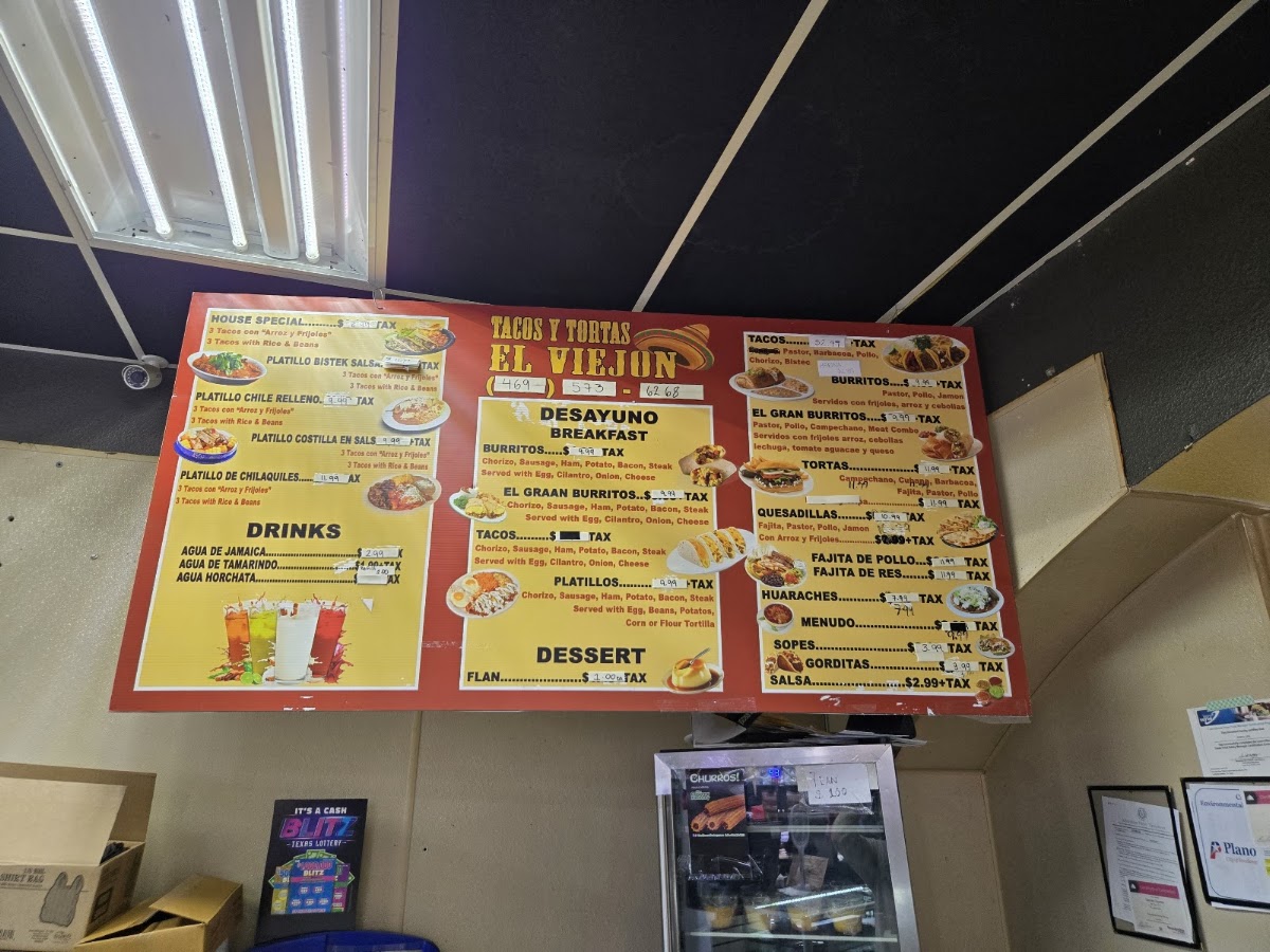 Tacos Y Tortas El Viejon menu board