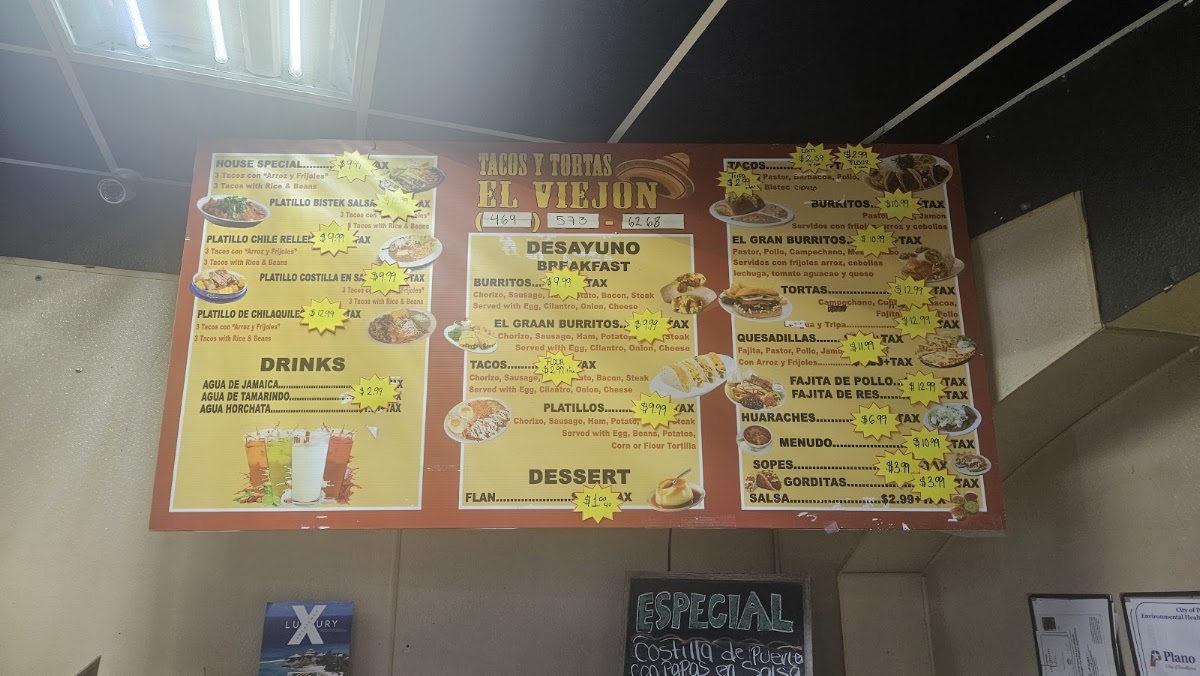 Tacos Y Tortas El Viejon menu board