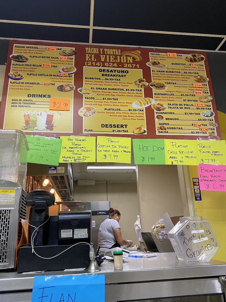 Tacos Y Tortas El Viejon menu board