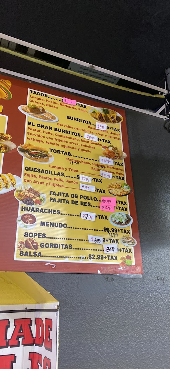 Tacos Y Tortas El Viejon menu board