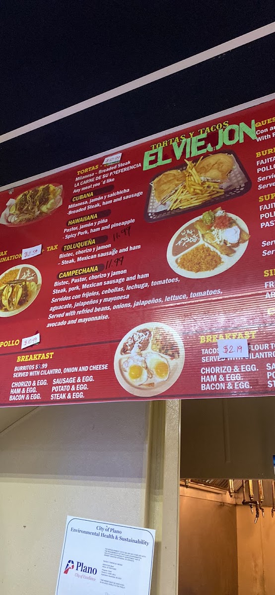 Tacos Y Tortas El Viejon menu board