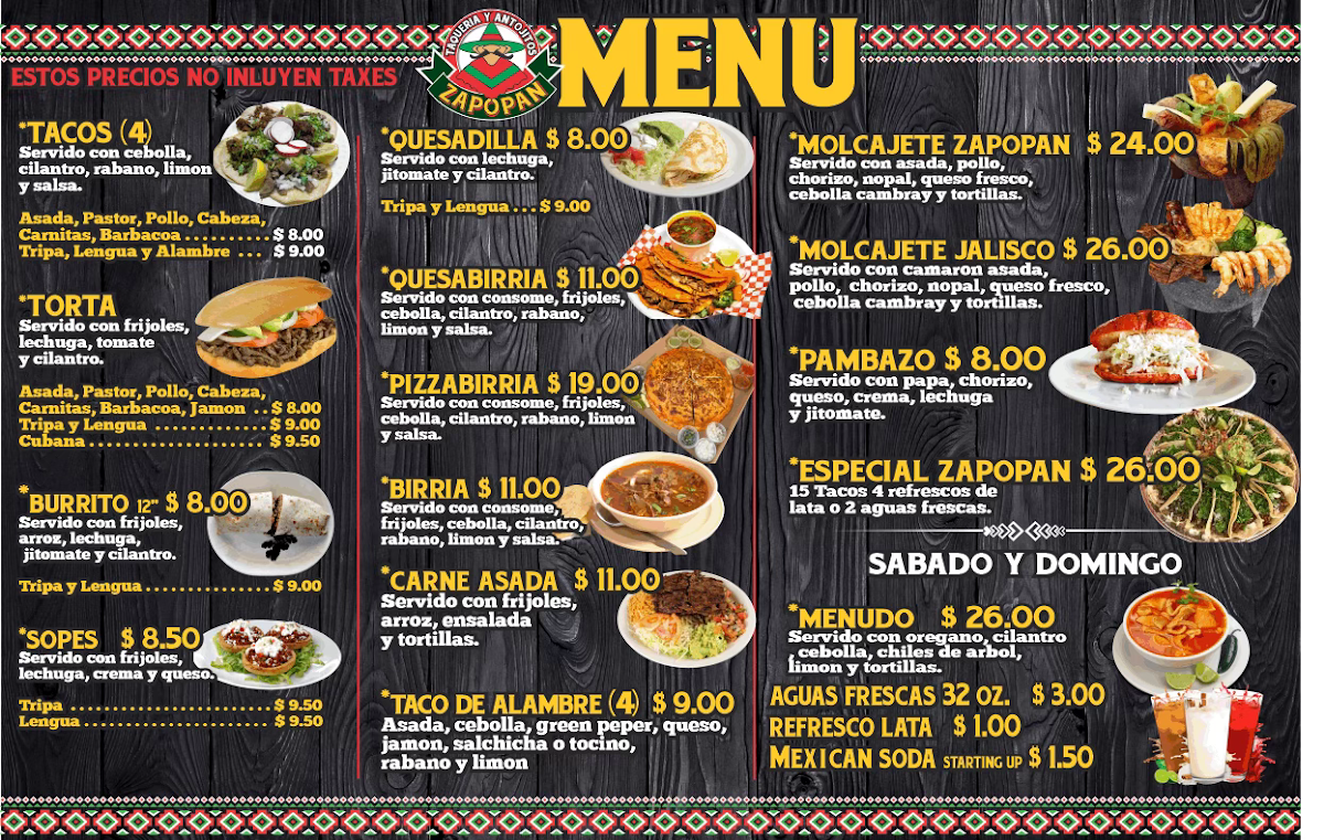 Taqueria El Zapopan menu board