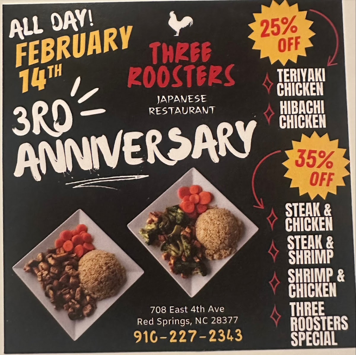 Three Roosters express menu board